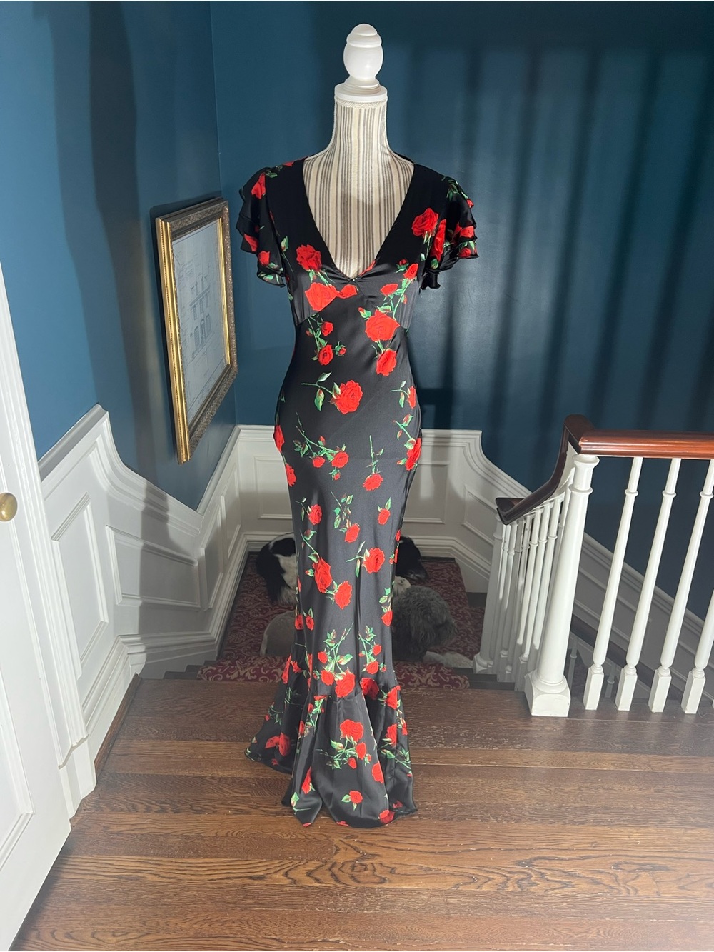 Black Floral V-Neck Mermaid Dress with Red Rose Print mermaid size 6 long D438 - Picture 11 of 14